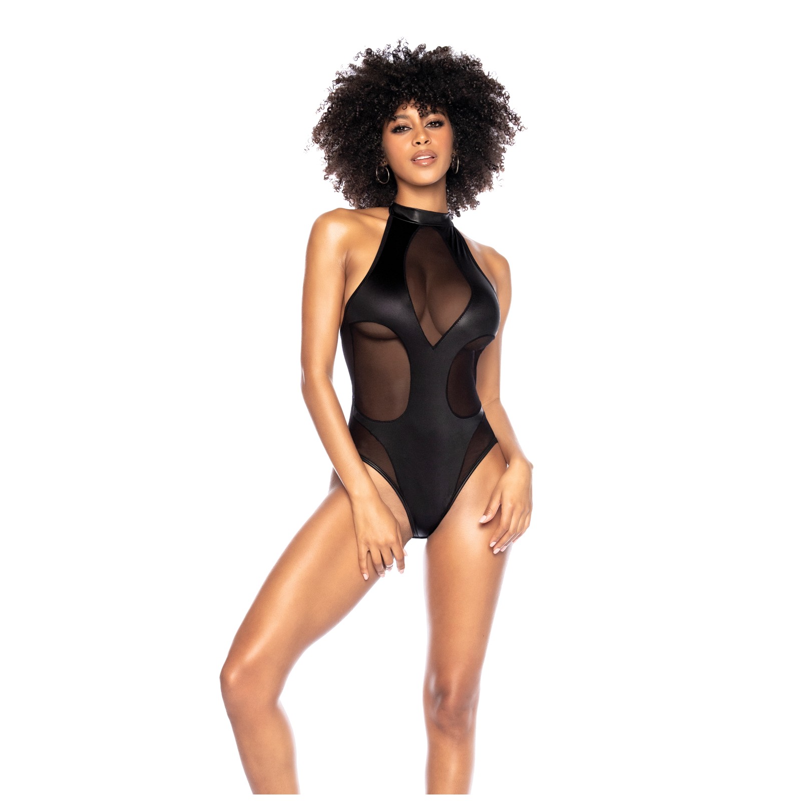 Mesh Wet Look Halter Bodysuit Black L/XL