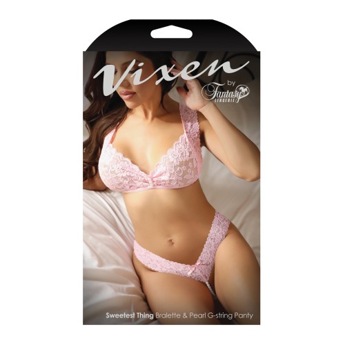 Conjunto de Bralette de Encaje y Panty G-String con Perlas Vixen Sweetest