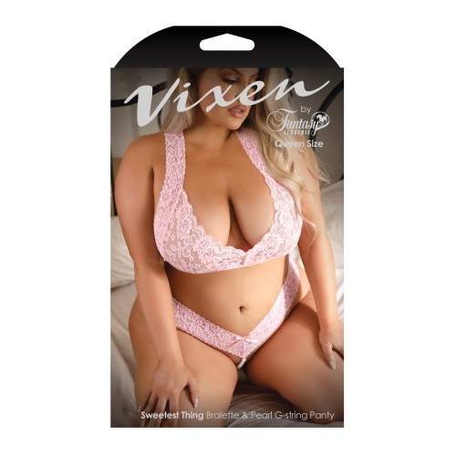 Brassiere de Encaje y Braguita G-String con Perlas Vixen - Rosa Claro