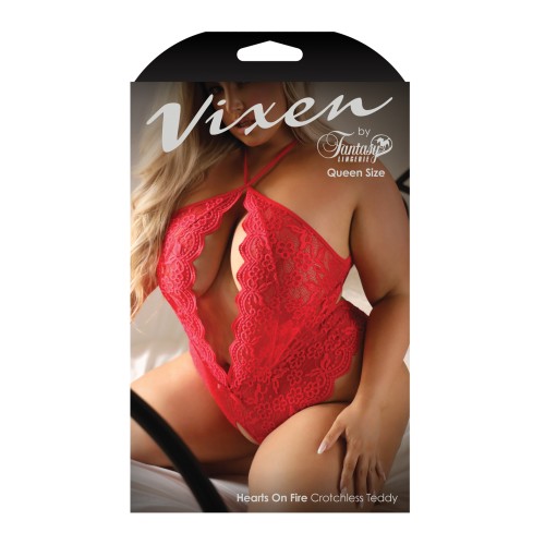 Teddy Crotchless Vixen Hearts on Fire Espalda de Perlas Abierta Roja Reina