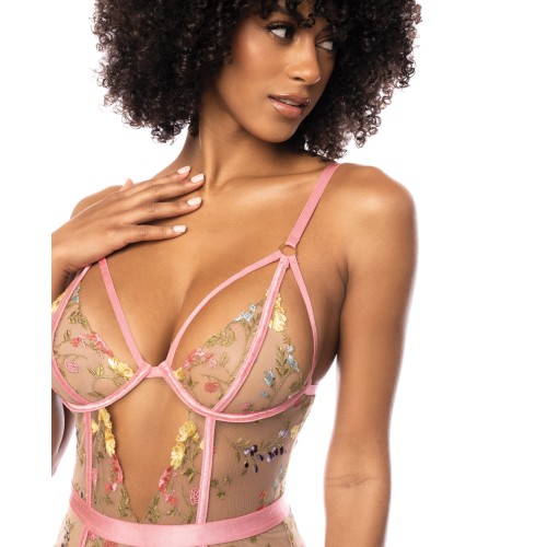 Floral Embroidered Teddy with Underwire & Garters Pink Small