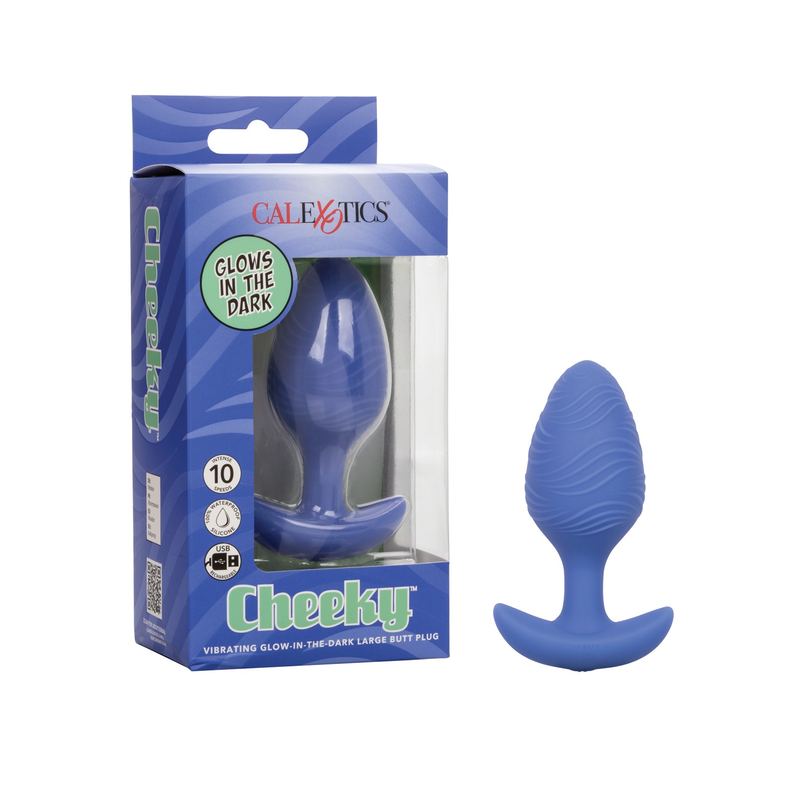 Cheeky Glow in the Dark Vibrating Butt Plug Large Blue