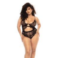 Floral Lace & Mesh Underwire Teddy with Keyhole Details - Black 1X/2X