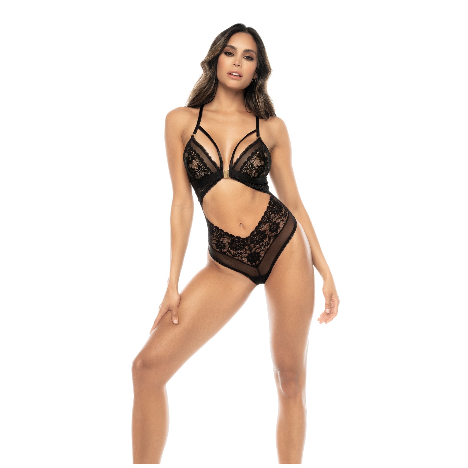 Lace & Mesh Teddy with Front Clasp Black