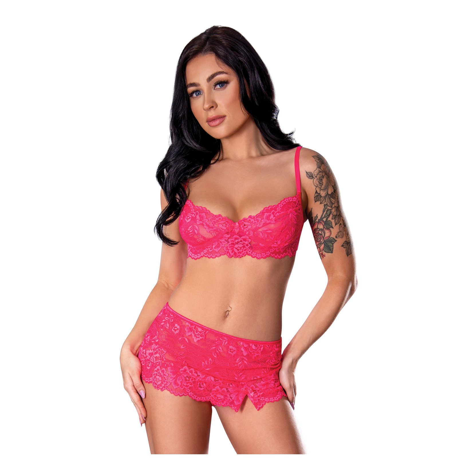 Set de Sujetador de Encaje, Falda y Tanga Get It Girl - Rosa S/M