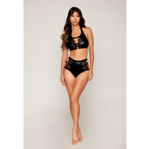 Stretch Faux Leather and Lace Bralette with Panty Set - Black