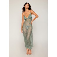 Eyelash Lace Satin Long Chemise w/G-String Sage Green SM