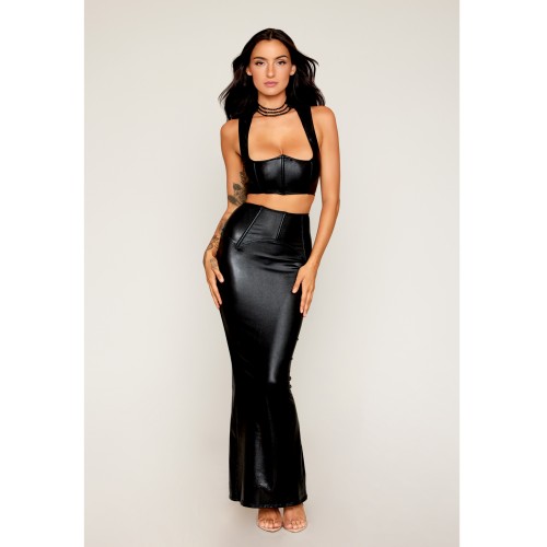 Stretch Faux Leather Harness Bra & Long Skirt - Black LG