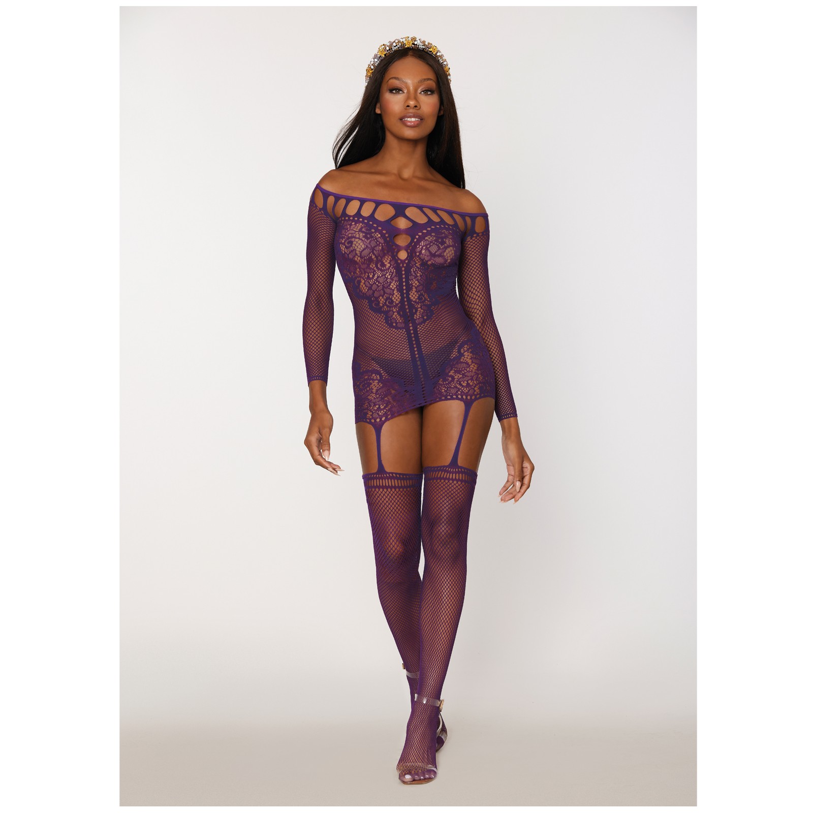 Scalloped Lace Fishnet Garter Dress with Stockings - Purple