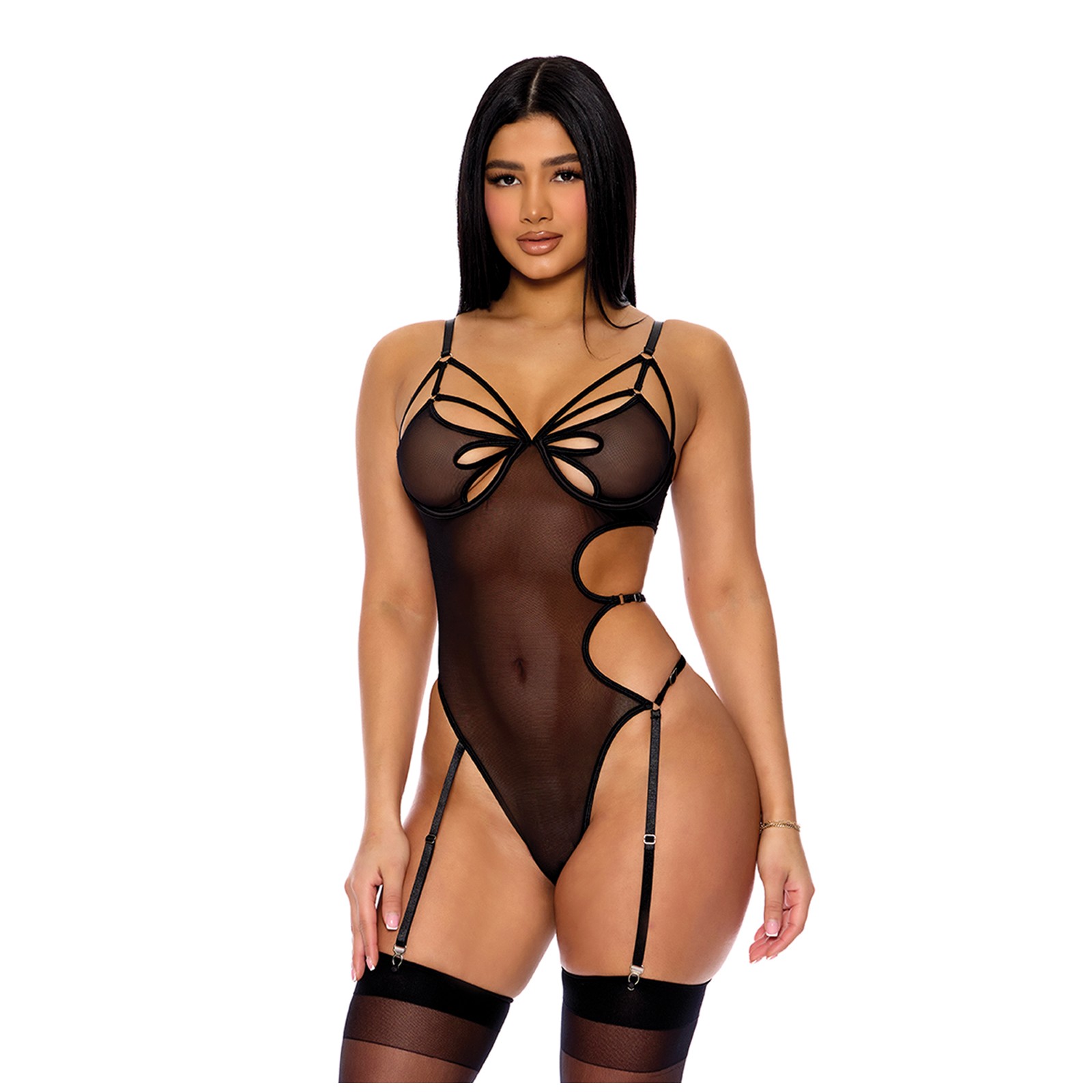 Feeling Butterflies Mesh Teddy with Garter - Flirty Lingerie