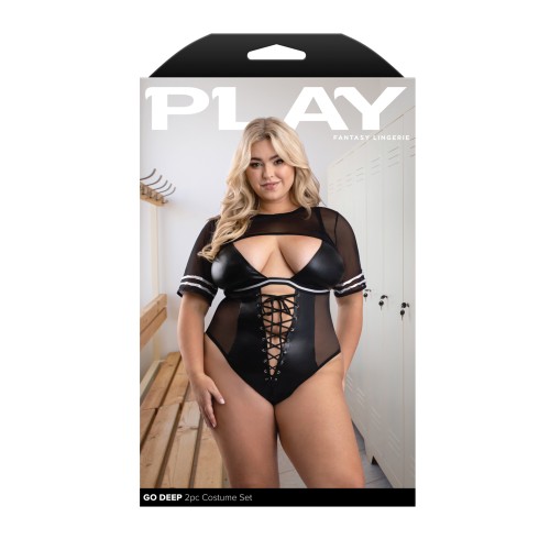 Lace-up Bodysuit with Mesh Jersey Shrug - Black 1X/2X