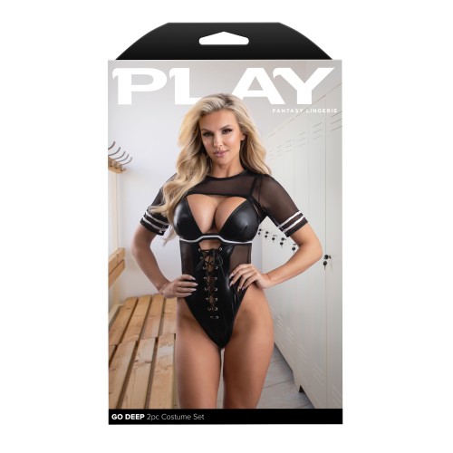 Play Go Deep Lace-up Bodysuit with Mesh Jersey Shrug - Black