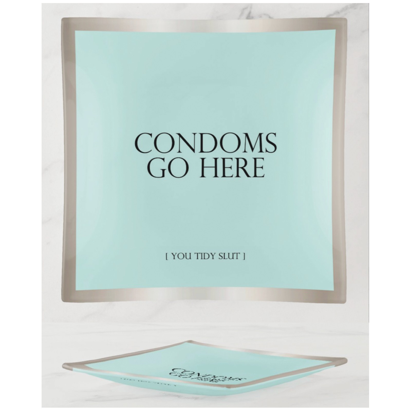 Warm Human Condoms Go Here Trinket Tray - Fun Home Decor