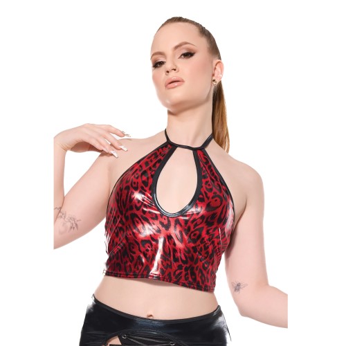 Darque Metallic Wet Look Keyhole Halter Top Red Black LG