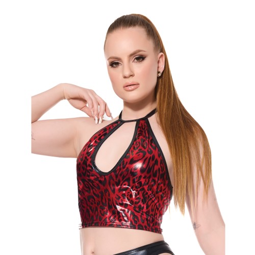 Darque Metallic Wet Look Keyhole Halter Top Red Black LG