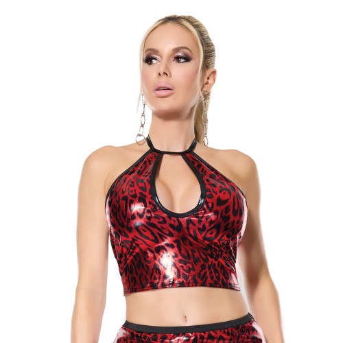 Darque Metallic Wet Look Keyhole Halter Top Red Black LG