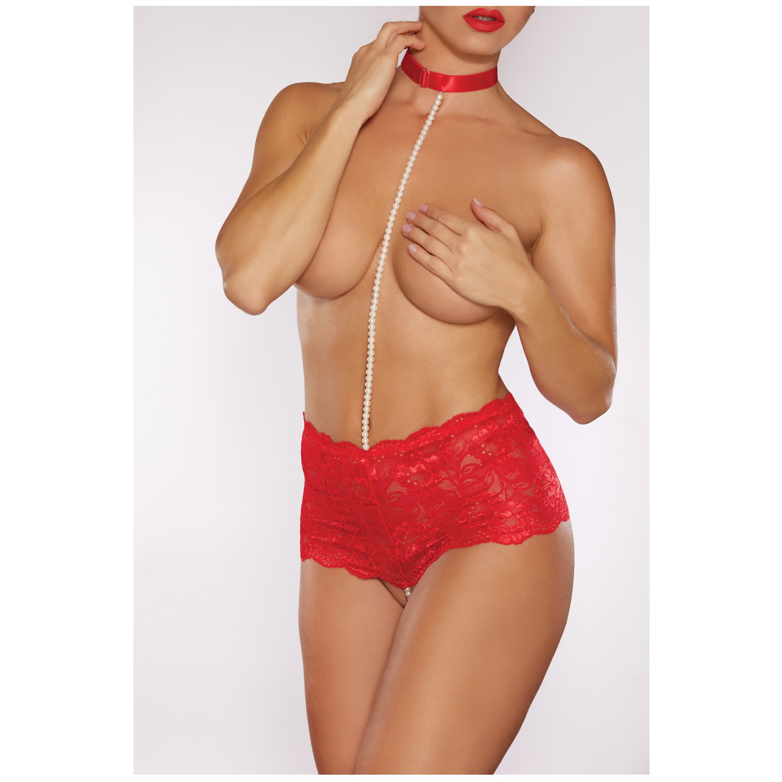 Allure Posh Crotchless Panty with Choker Red