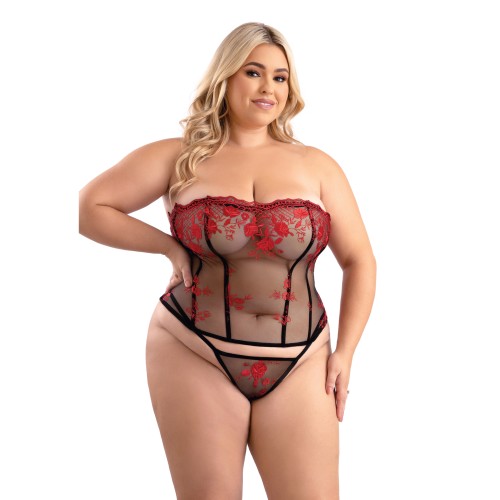 Floral Embroidered Mesh Corset with G-String - Red/Black 1X/2X