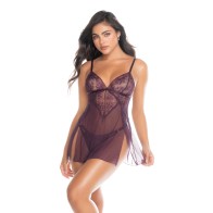 Lace and Mesh Baby Doll with Thong - Mulberry