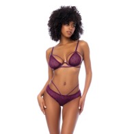 Dot Mesh Underwire Top and Open Back Panty Wine