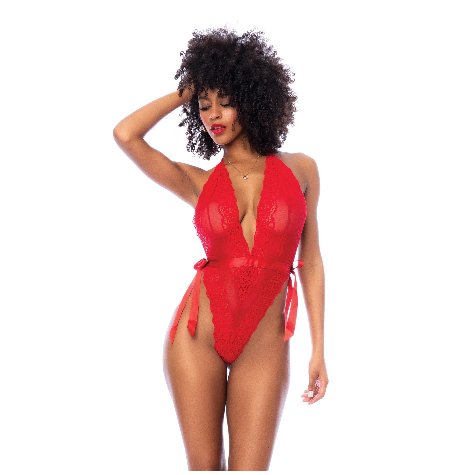 Lace Deep-V Halter Teddy Red