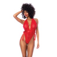 Lace Deep-V Halter Teddy Red