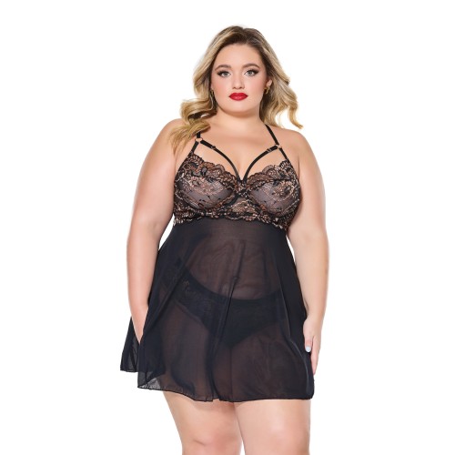 Babydoll de Encaje y Malla con Tanga - Negro/Oro Rosa