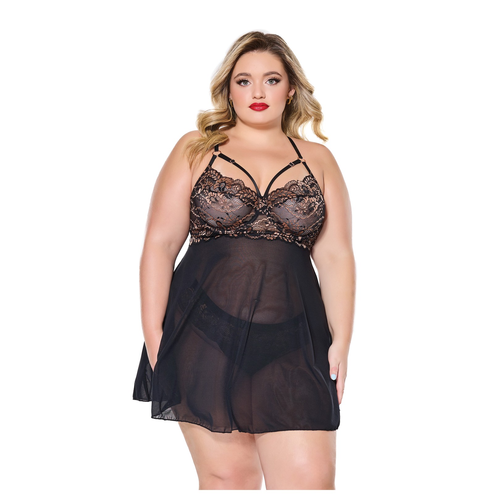 Lace and Mesh Underwire Babydoll with Thong - Black/Rose Gold