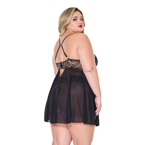 Lace and Mesh Underwire Babydoll with Thong - Black/Rose Gold