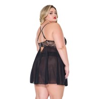 Lace and Mesh Underwire Babydoll with Thong - Black/Rose Gold