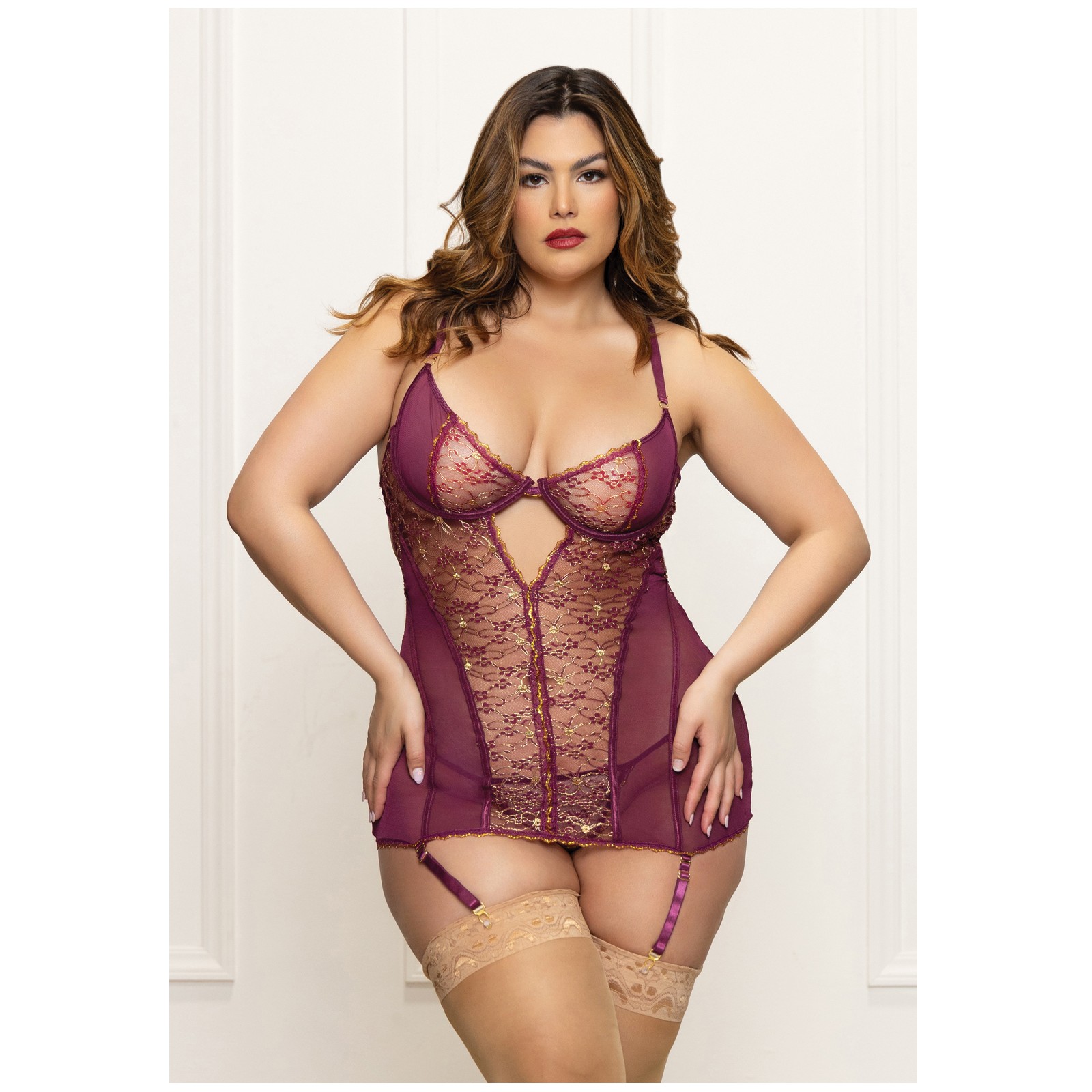 Metallic Lace with Mesh Chemise & Thong - Plum 1X/2X