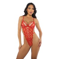 Baroque Heart Embroidered Lace Teddy - Red