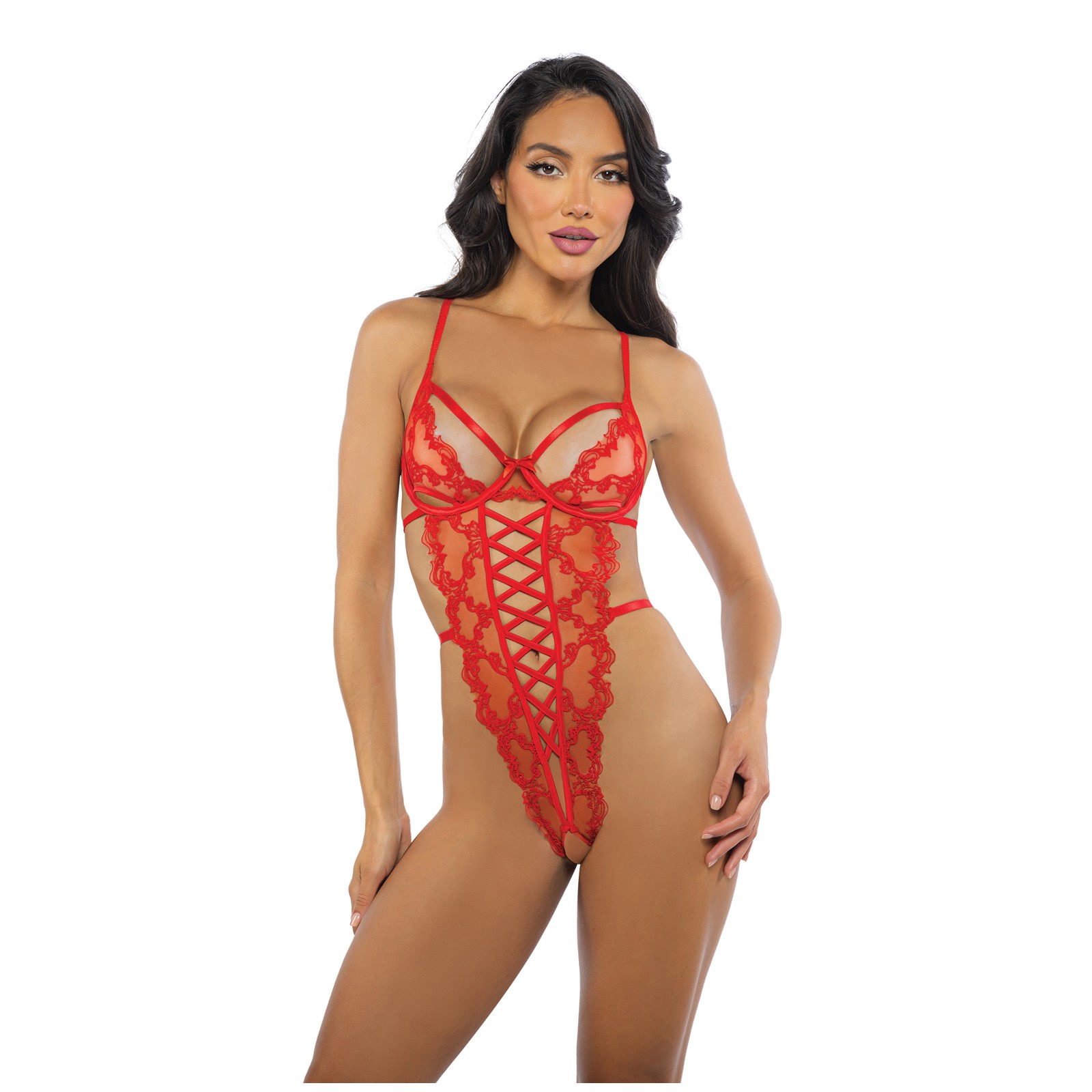 Baroque Heart Embroidered Lace Teddy Red Small - Elegant Lingerie