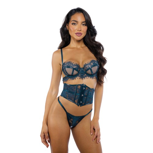 Eden Scalloped Eyelash Lace Wet Look Waspie Set Teal XL