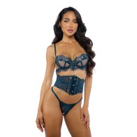 Eden Scalloped Eyelash Lace Wet Look Waspie Set Teal XL