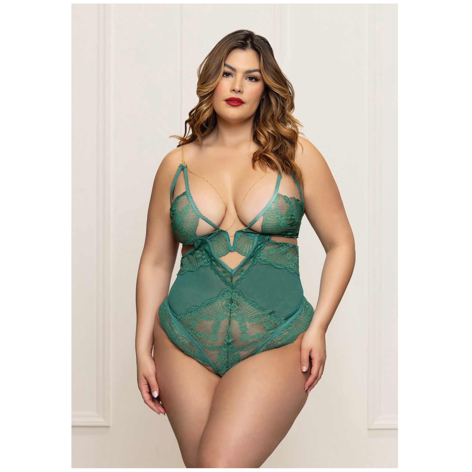 Lace and Mesh Open Crotch Teddy - Green 1X/2X