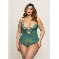 Lace and Mesh Open Crotch Teddy - Green 1X/2X