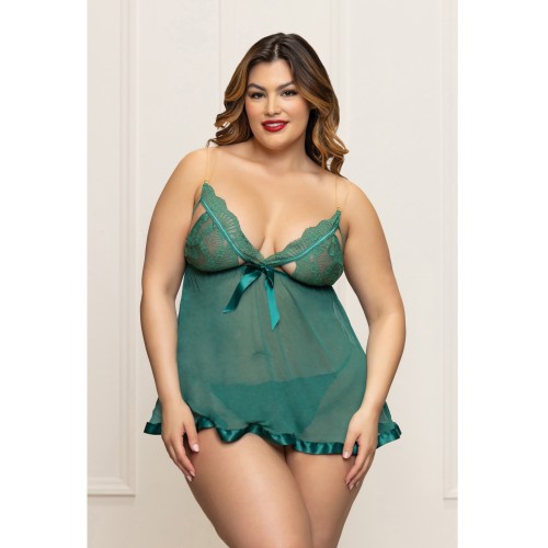 Babydoll de Encaje y Malla con Correas Doradas y Thong Verde