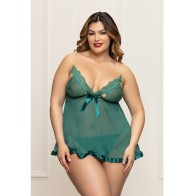 Babydoll de Encaje y Malla con Correas Doradas y Thong Verde