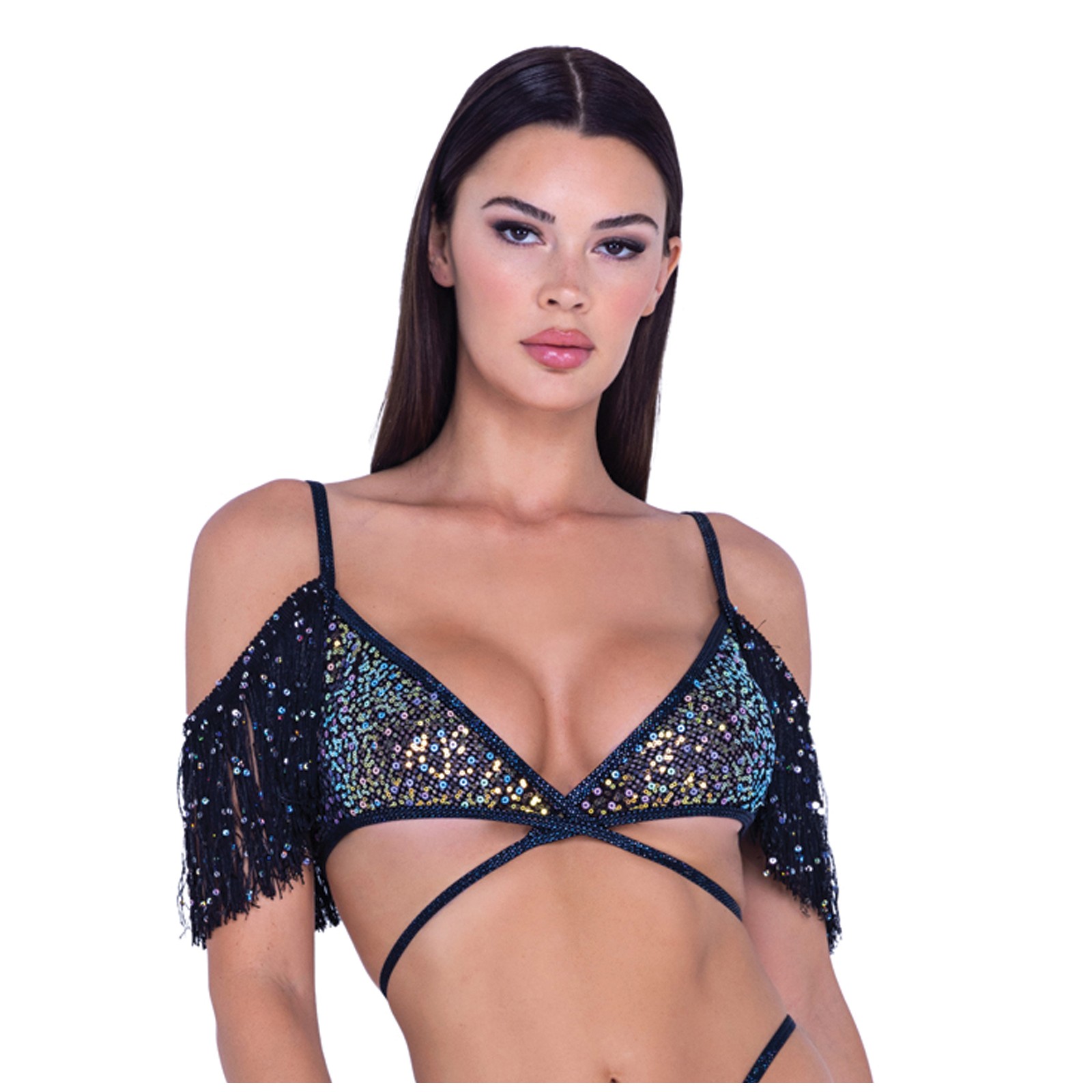 Sequin Fishnet Fringe Top Black Multi SM - Dazzling Design