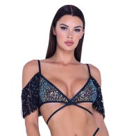 Sequin Fishnet Fringe Top Black Multi SM - Dazzling Design