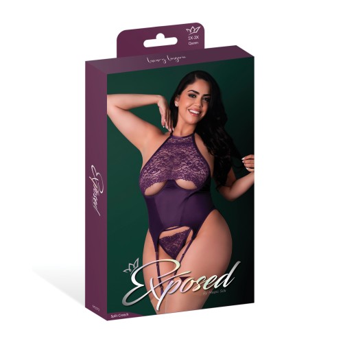 Leather Lace Stretch Mesh Corset Panty Set Plum 2X