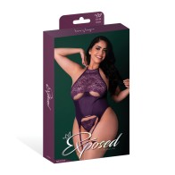 Leather Lace Stretch Mesh Corset Panty Set Plum 2X