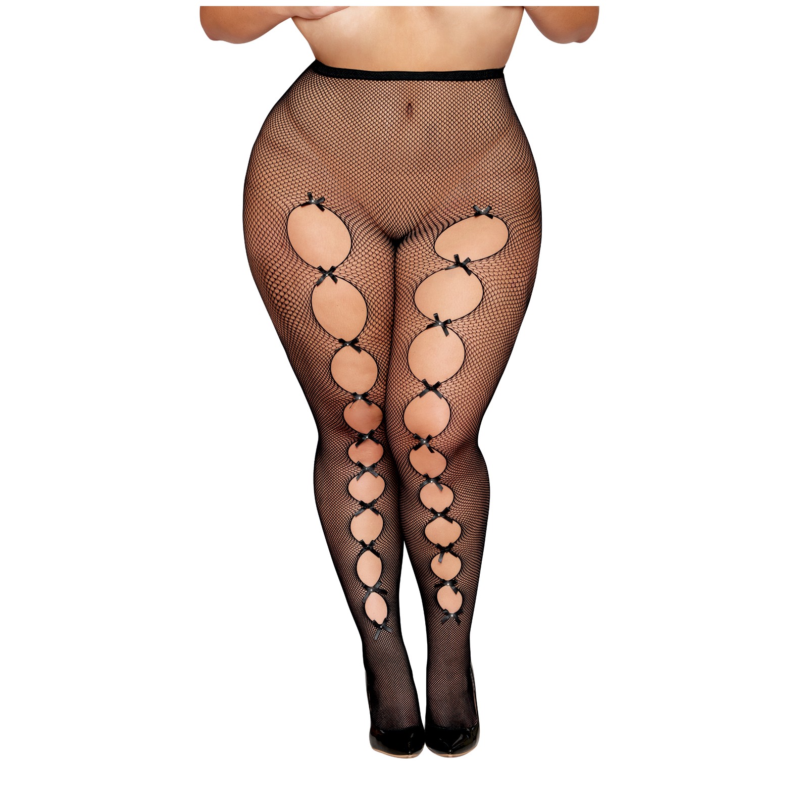 Fishnet Pantyhose with Back Seam and Bows Black QN