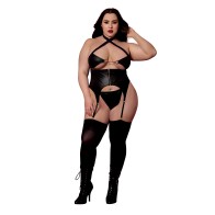 Conjunto de Bustier de Cuero Sintético con Tanga Negro Talla Reina