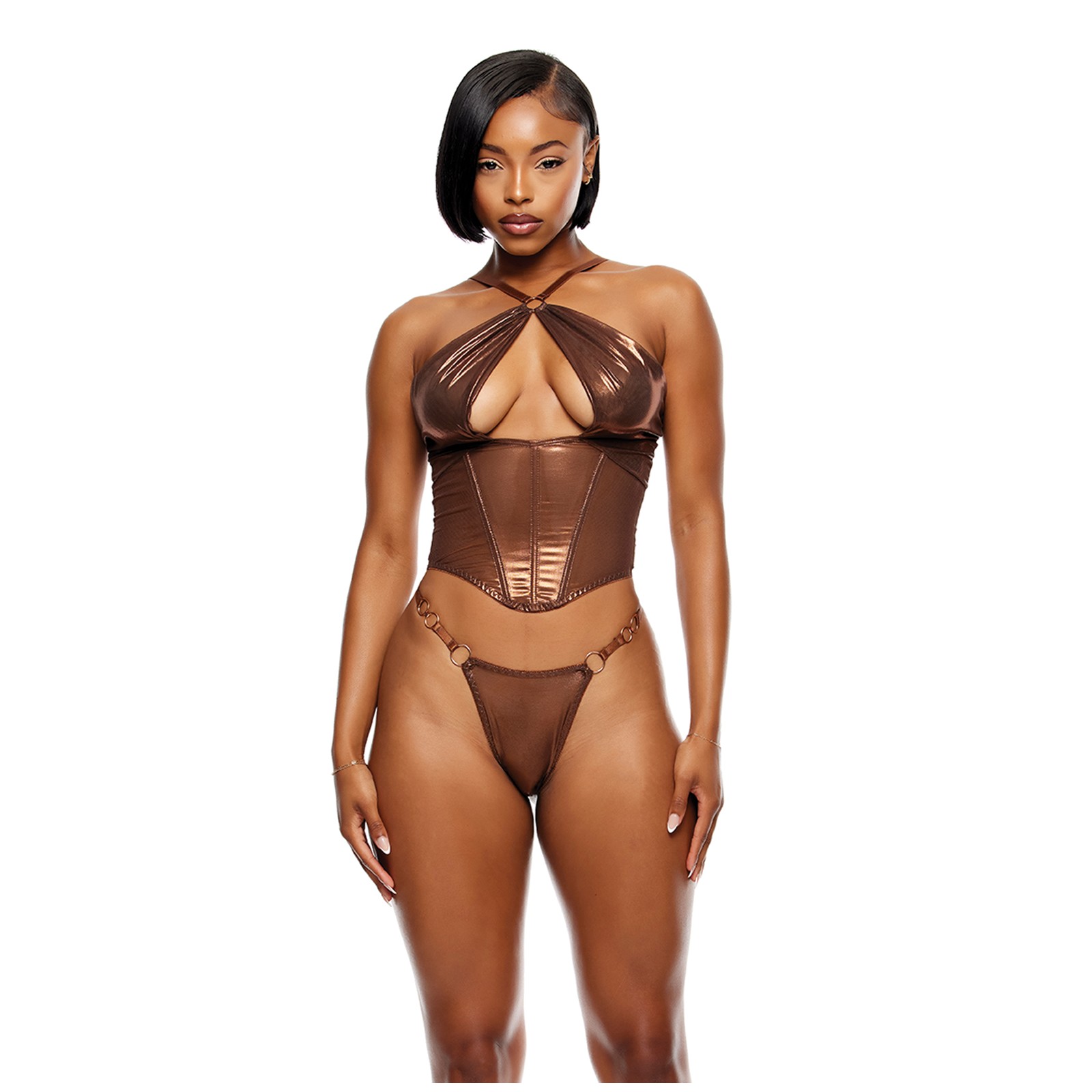 Metallic Mesh Bustier & G-String Set - Metallic Copper LG