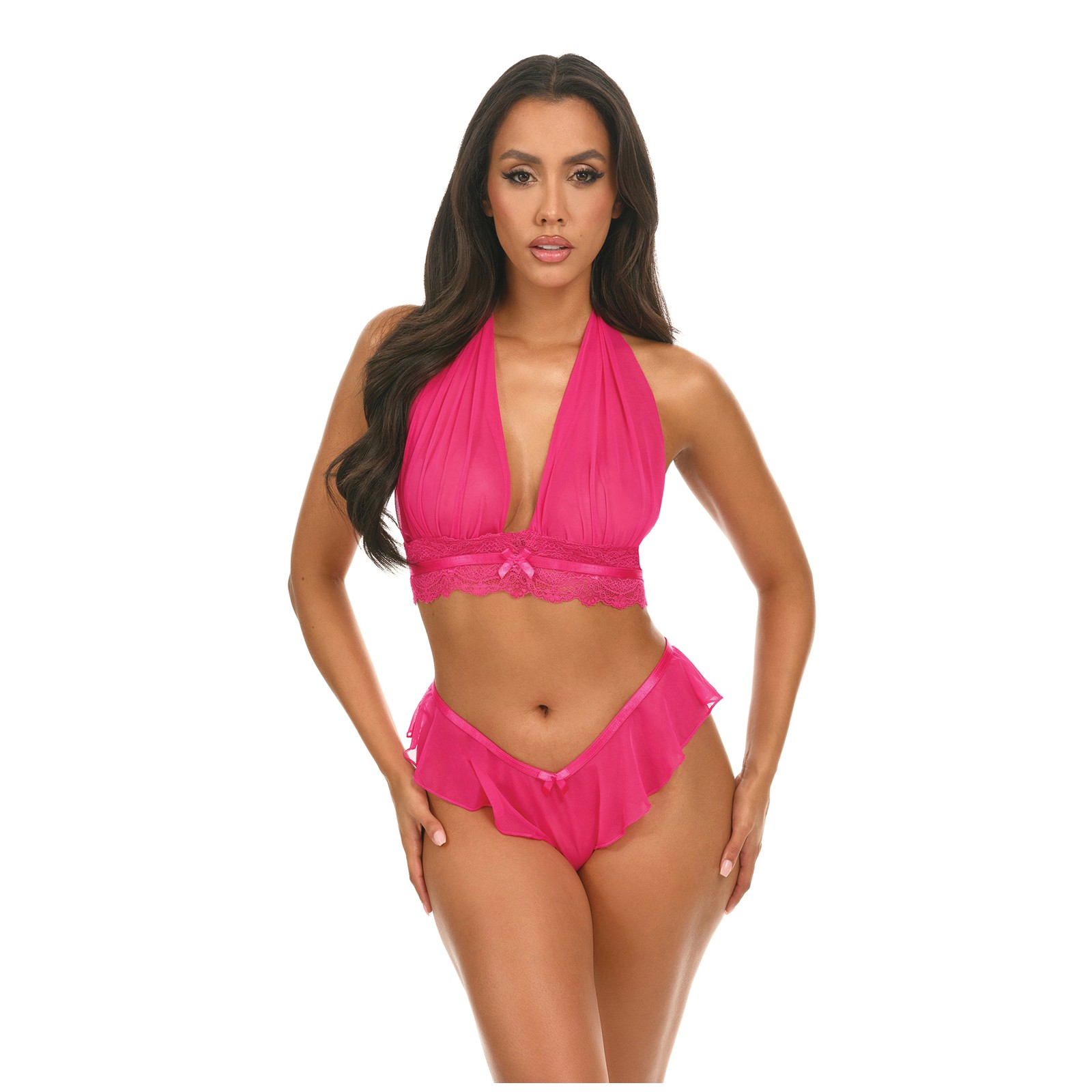 Maylah Mesh Lace Halter 2 pc Set Pink L/XL