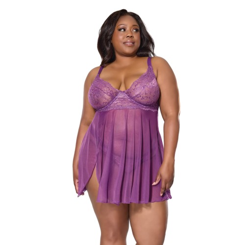 Metallic Lace & Mesh Babydoll with Thong - Purple