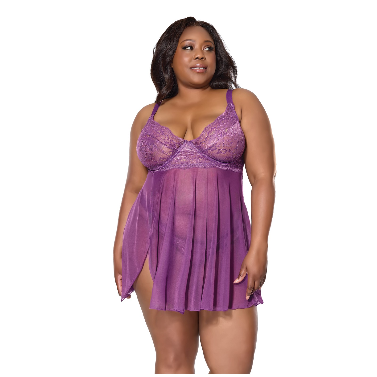 Metallic Lace & Mesh Babydoll with Thong - Purple