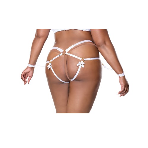 Satin Ribbon Elastic Harness & Cuffs Set - White/Gold